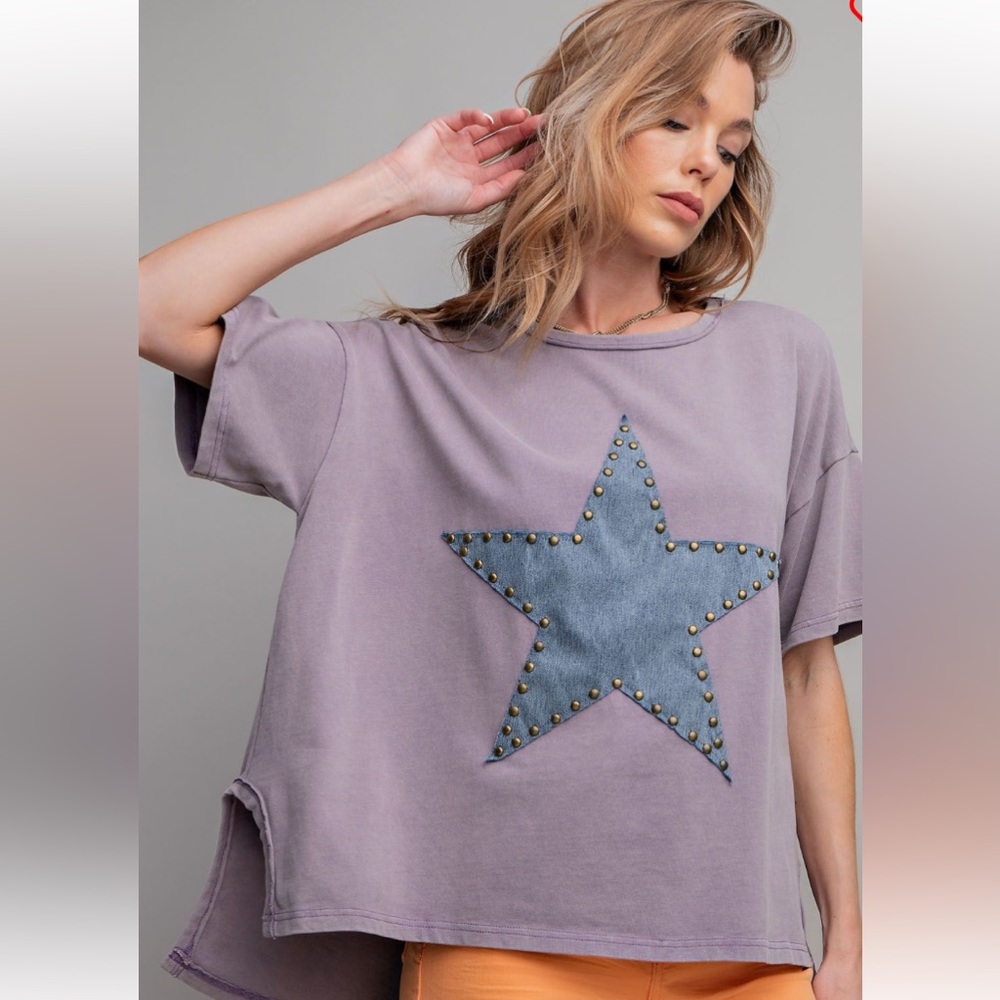 easel Lavender Oversized Tee with Studded Denim Star - NWT